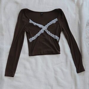 Chocolate Long Sleeve Top with White Lace